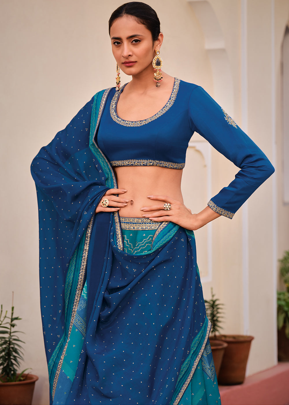 Shades Of Blue Digitally Printed Gaji Silk Lehenga with Borders & Belt Embroidery