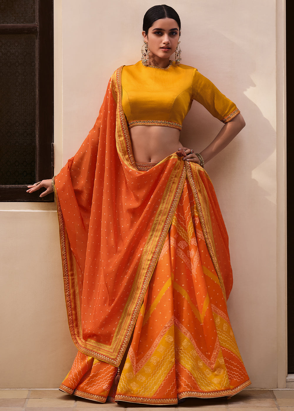 Yellow & Orange Digitally Printed Gaji Silk Lehenga with Borders & Belt Embroidery