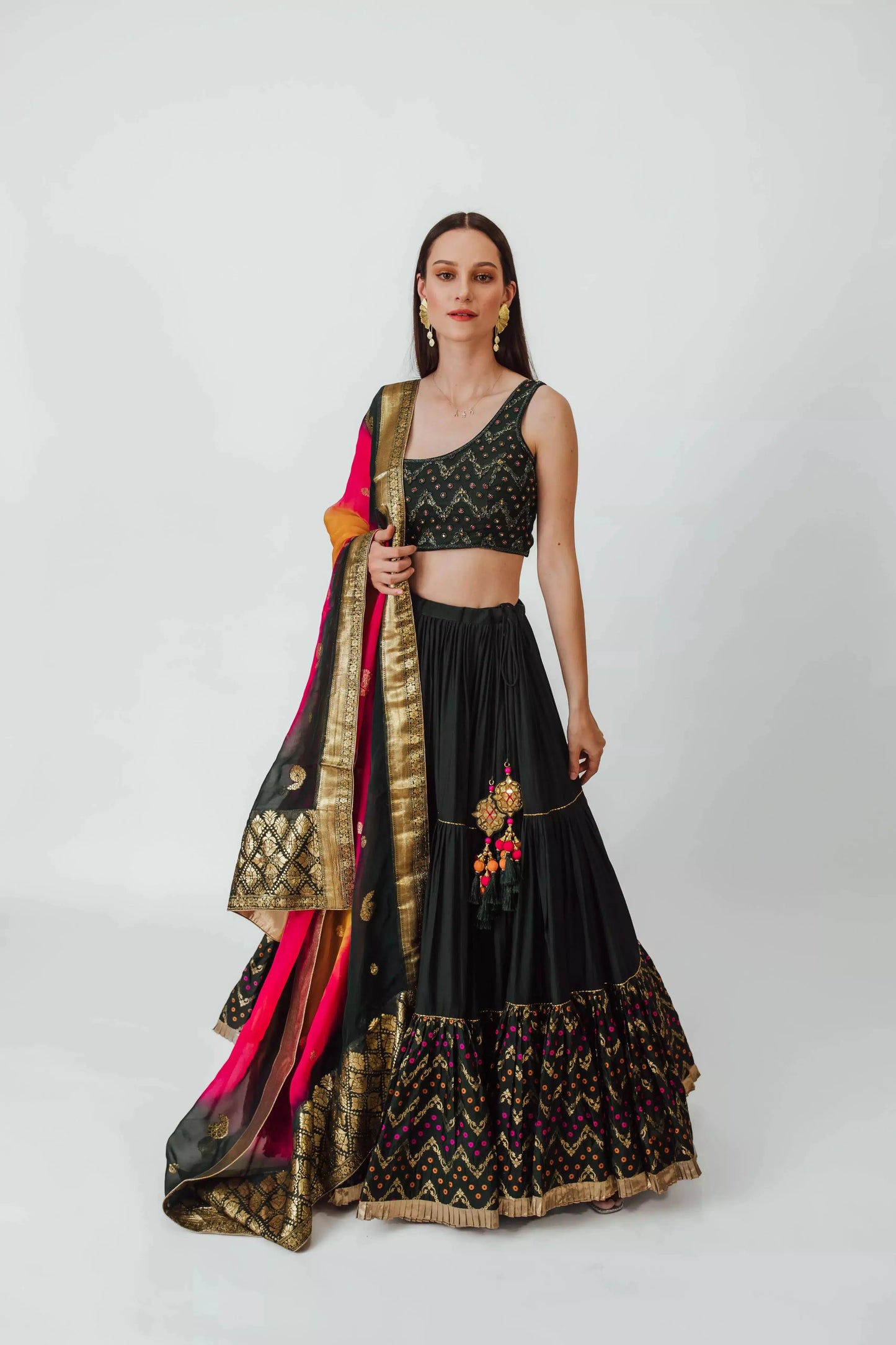Mariana Green Full Flare Tiered Lehenga with One Shoulder Blouse