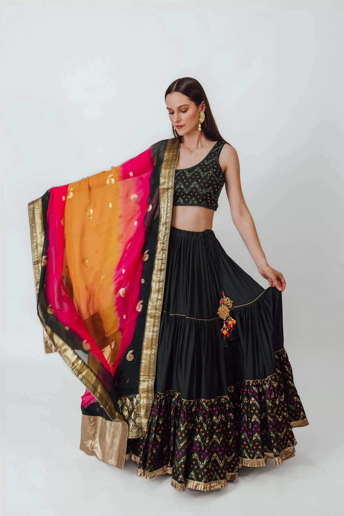 Mariana Green Full Flare Tiered Lehenga with One Shoulder Blouse