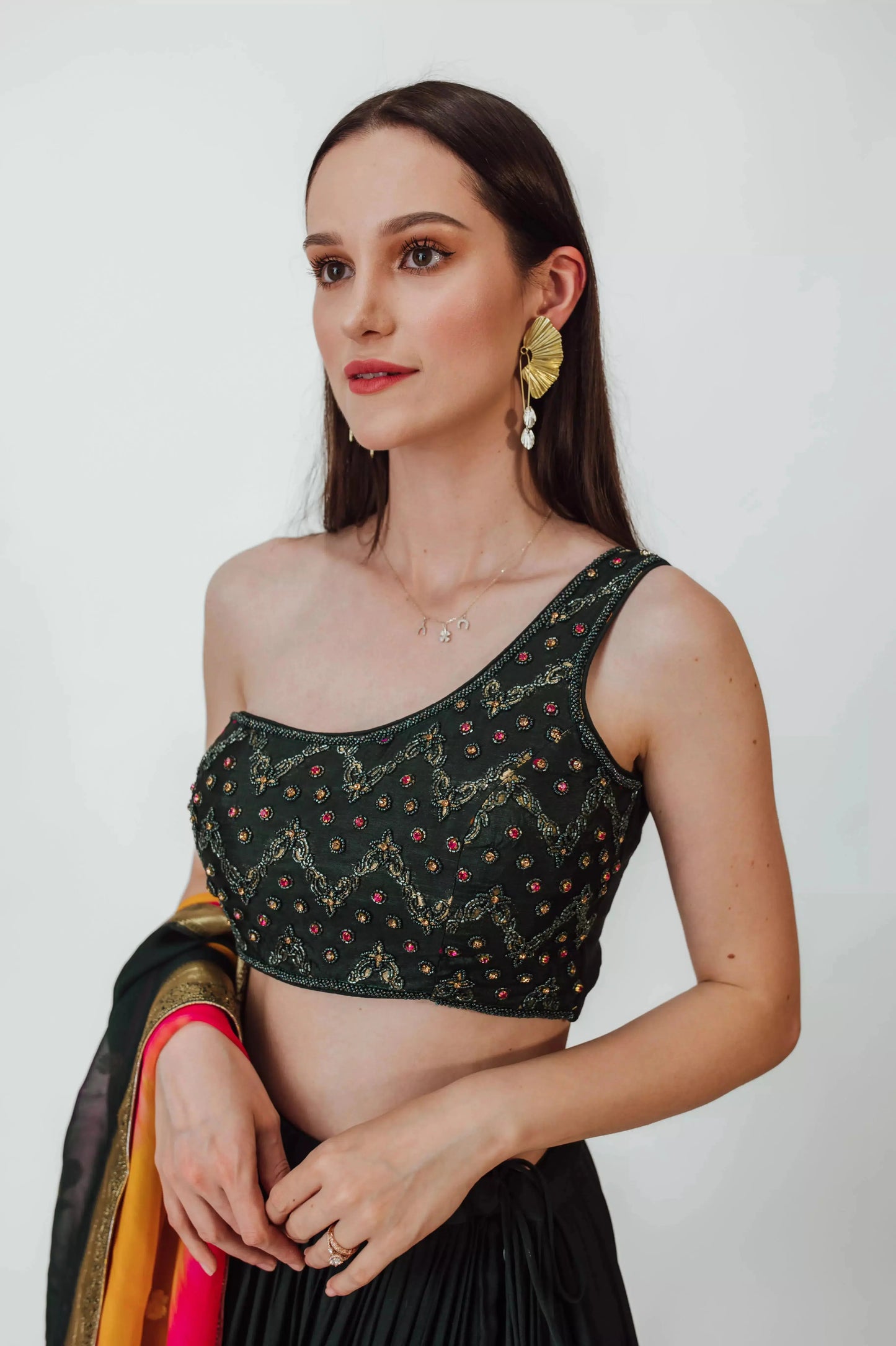 Mariana Green Full Flare Tiered Lehenga with One Shoulder Blouse