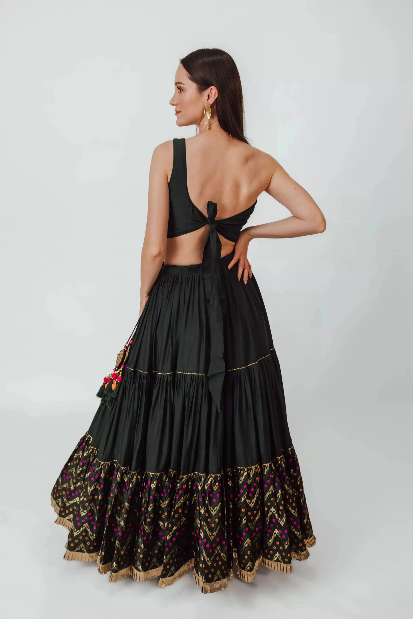 Mariana Green Full Flare Tiered Lehenga with One Shoulder Blouse