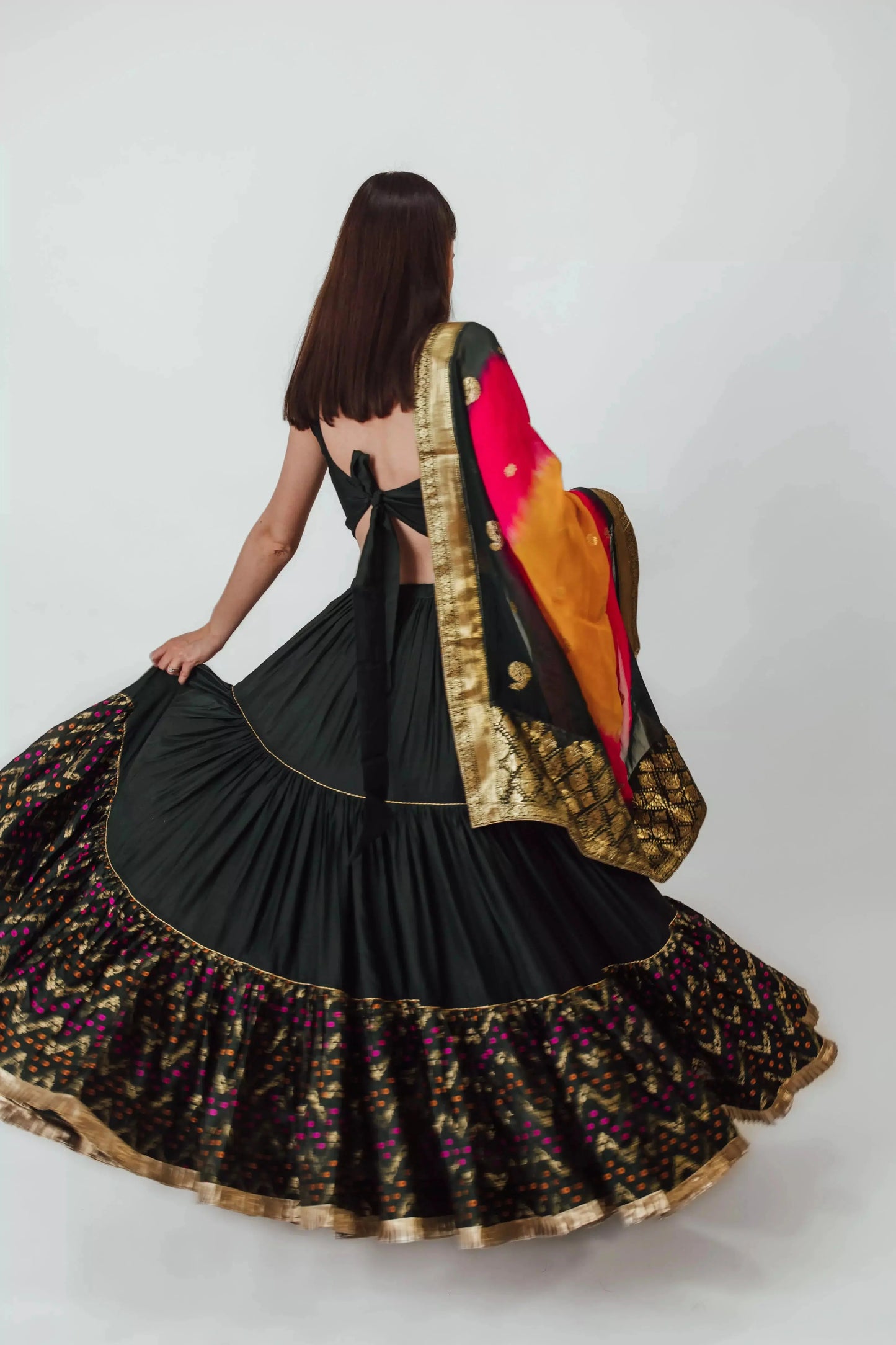 Mariana Green Full Flare Tiered Lehenga with One Shoulder Blouse