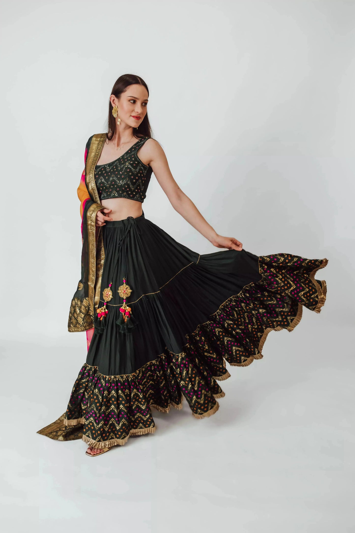 Mariana Green Full Flare Tiered Lehenga with One Shoulder Blouse