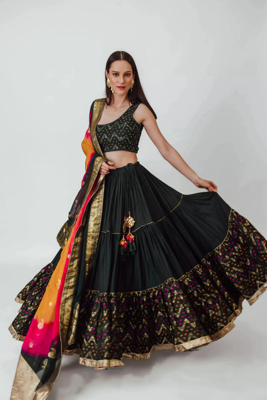 Mariana Green Full Flare Tiered Lehenga with One Shoulder Blouse