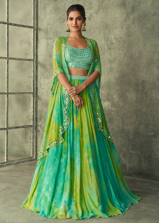 Shades Of Green Silk Embroidered Blouse with Tie Dye Georgette Skirt with Cutdana Embellished Waistline