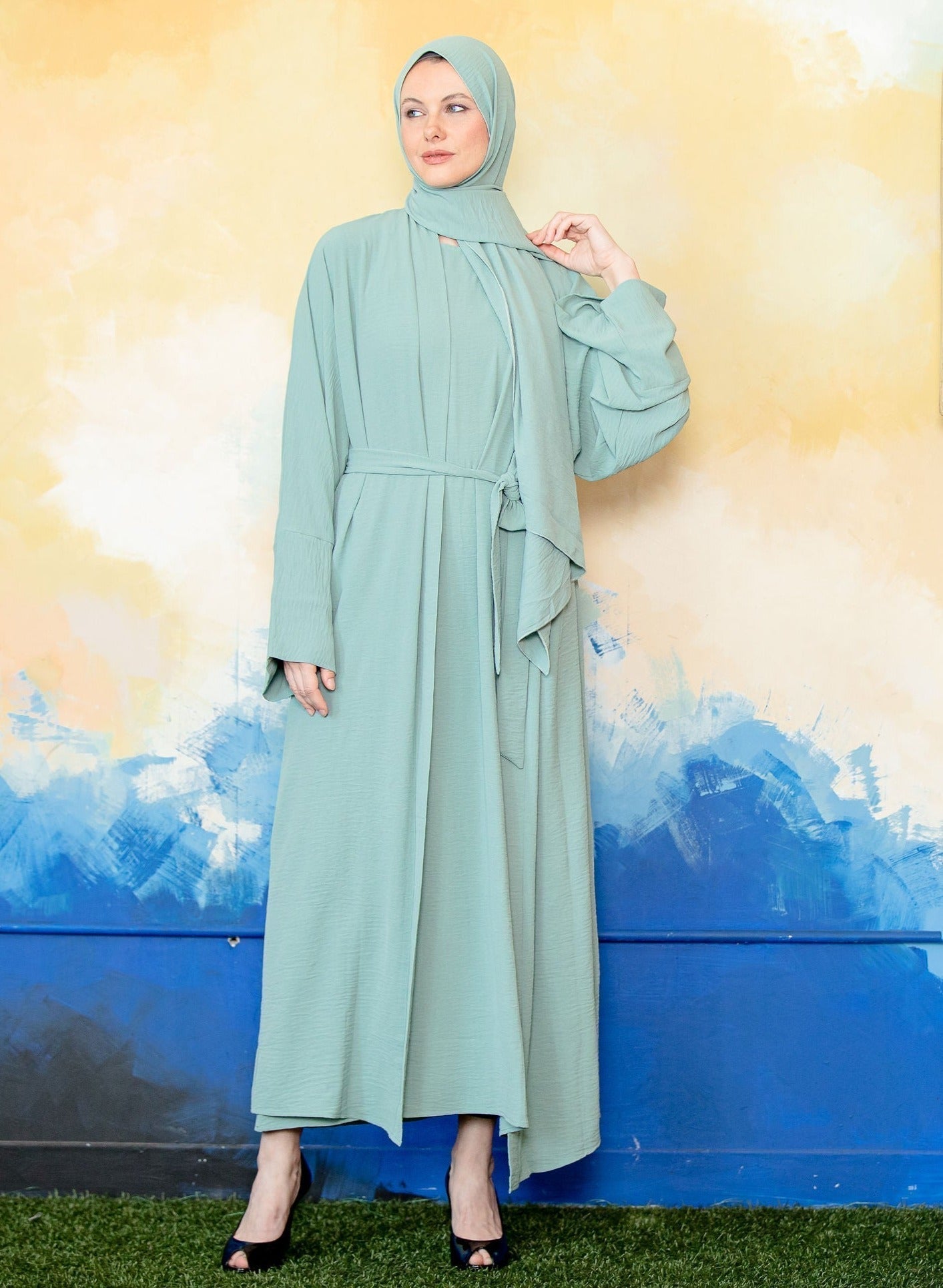 Mint Four Piece Open Abaya Set