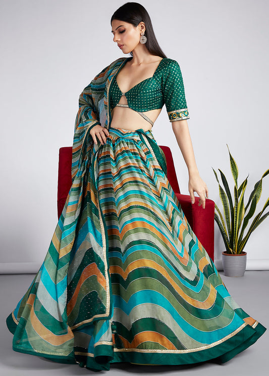 Green & Blue Leheriya Printed Organza Lehenga Choli With Swarovski Stone Work