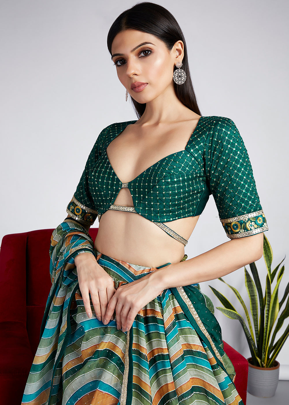 Green & Blue Leheriya Printed Organza Lehenga Choli With Swarovski Stone Work