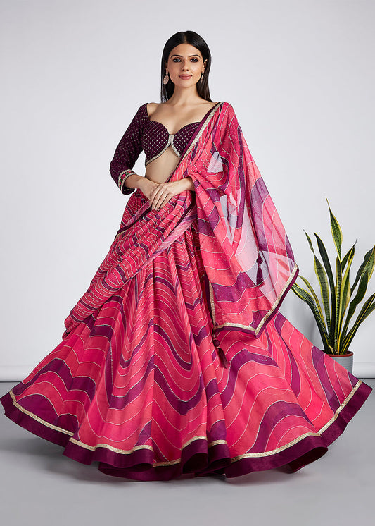 Shades Of Pink Leheriya Printed Organza Lehenga Choli With Swarovski Stone Work