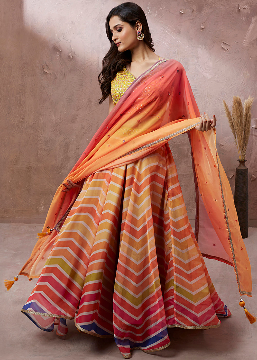 Multi Colored Organza Leheriya Printed Lehenga Choli