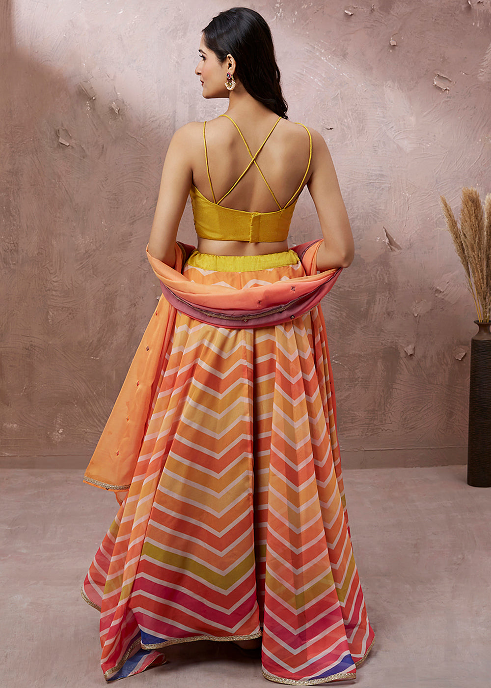 Multi Colored Organza Leheriya Printed Lehenga Choli
