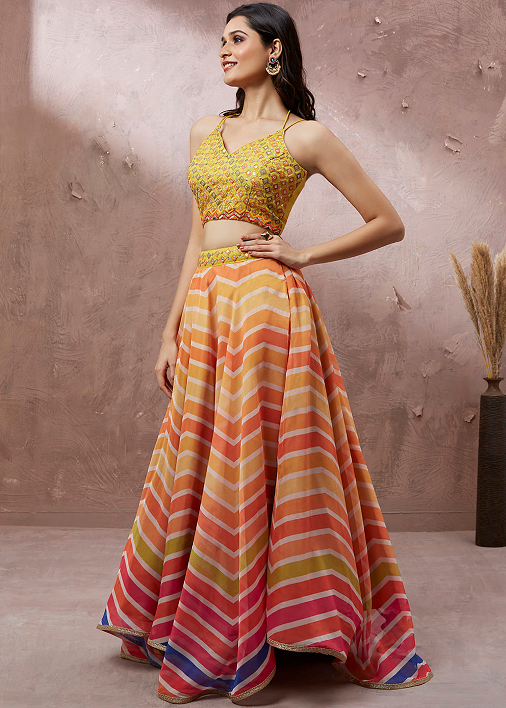Multi Colored Organza Leheriya Printed Lehenga Choli