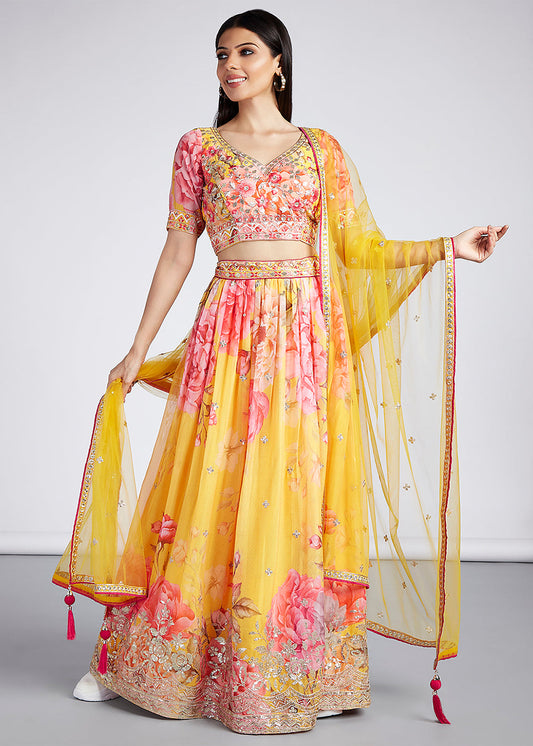 Aureolin Yellow Floral Printed Organza Lehenga Choli