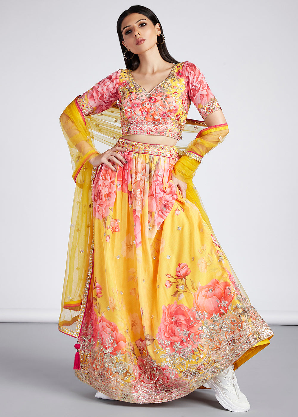 Aureolin Yellow Floral Printed Organza Lehenga Choli