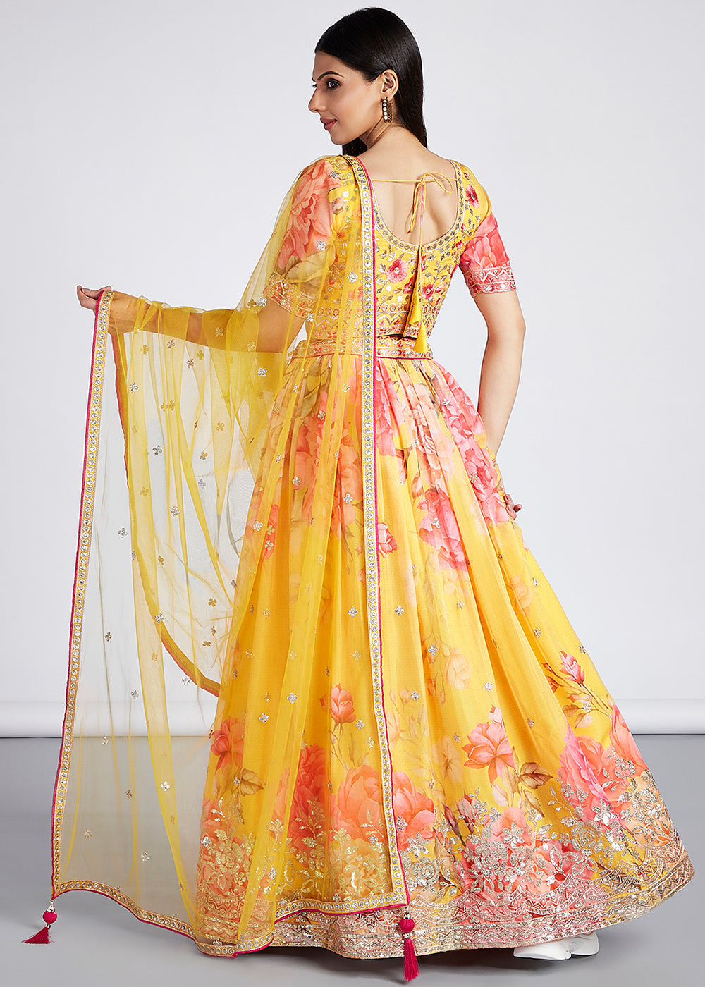 Aureolin Yellow Floral Printed Organza Lehenga Choli