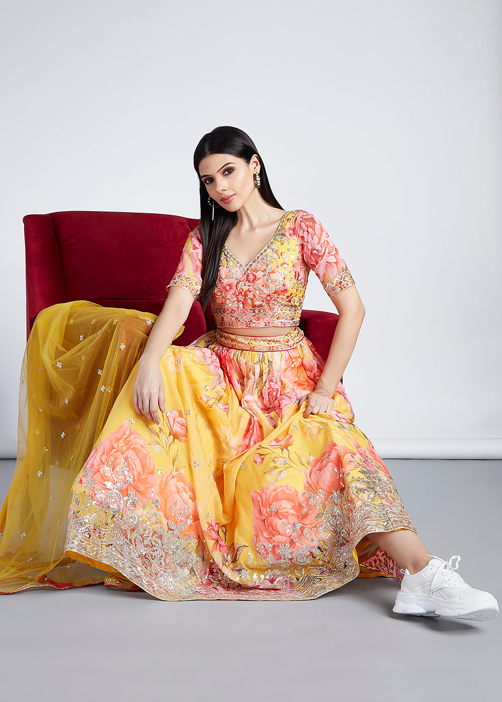 Aureolin Yellow Floral Printed Organza Lehenga Choli