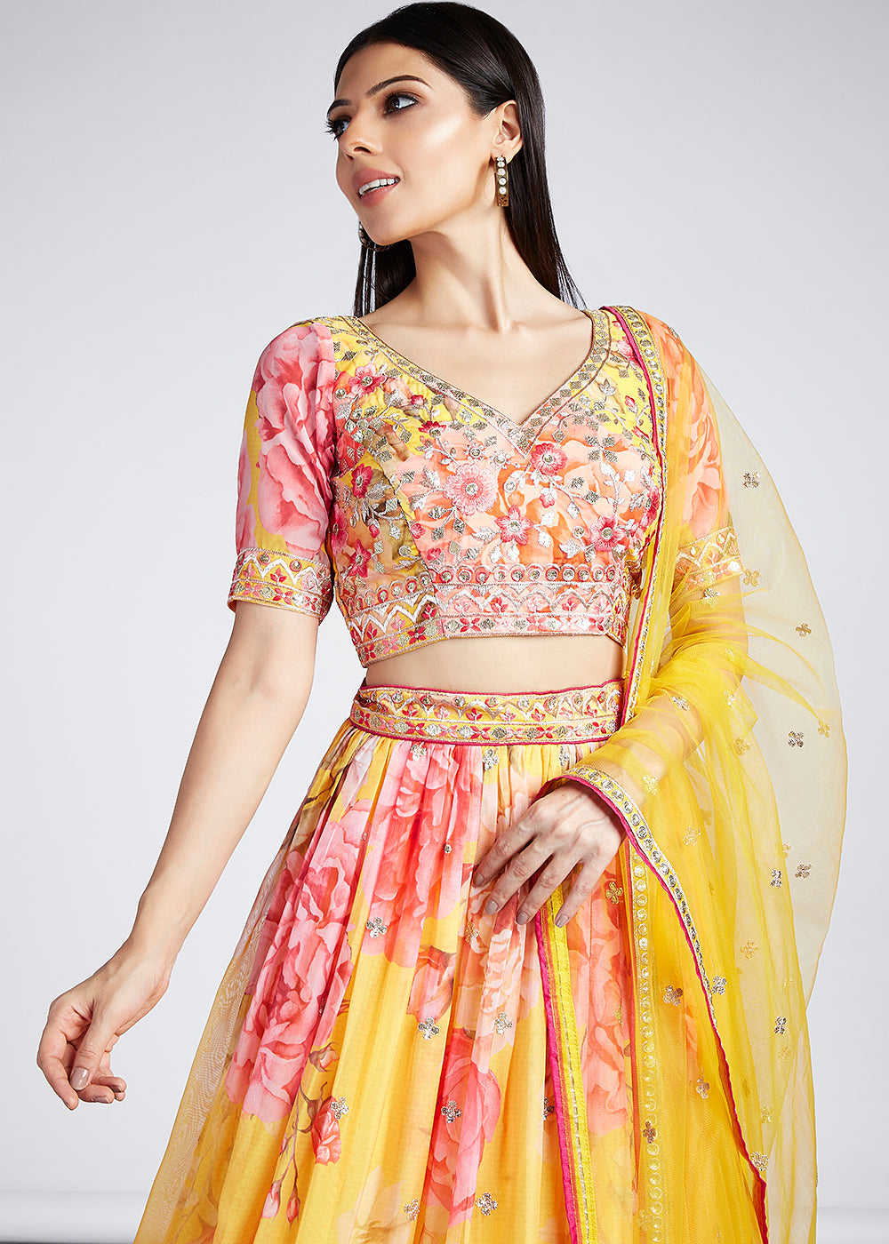 Aureolin Yellow Floral Printed Organza Lehenga Choli