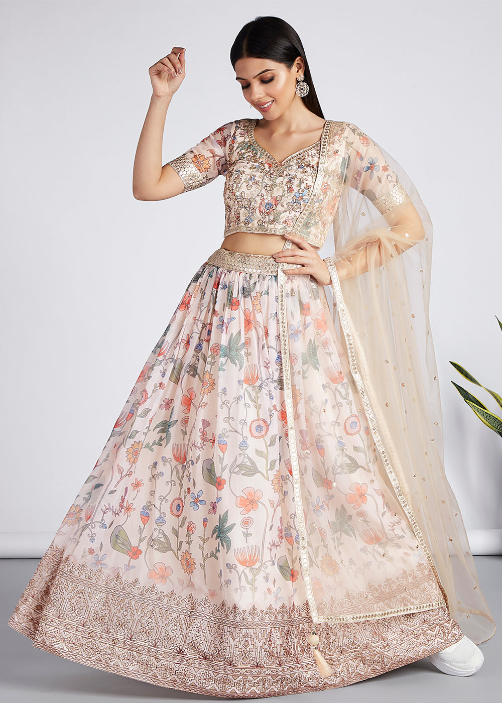 Rice White Floral Printed Organza Lehenga Choli