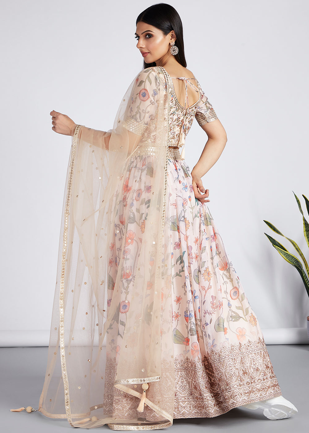 Rice White Floral Printed Organza Lehenga Choli