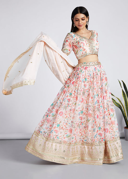 Cream White Floral Printed Organza Lehenga Choli