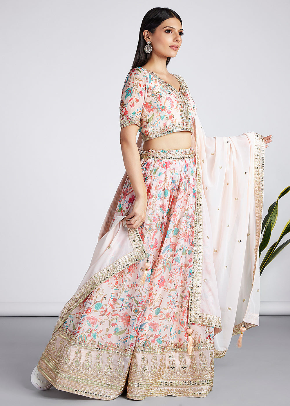 Cream White Floral Printed Organza Lehenga Choli