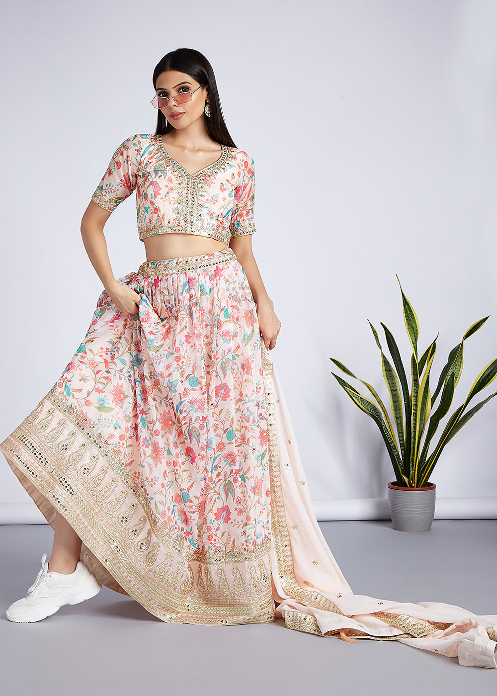Cream White Floral Printed Organza Lehenga Choli