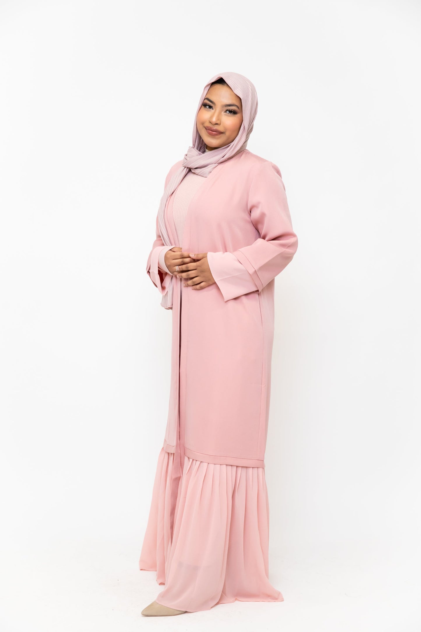 Pink Ruffle Open Front Abaya-CLEARANCE