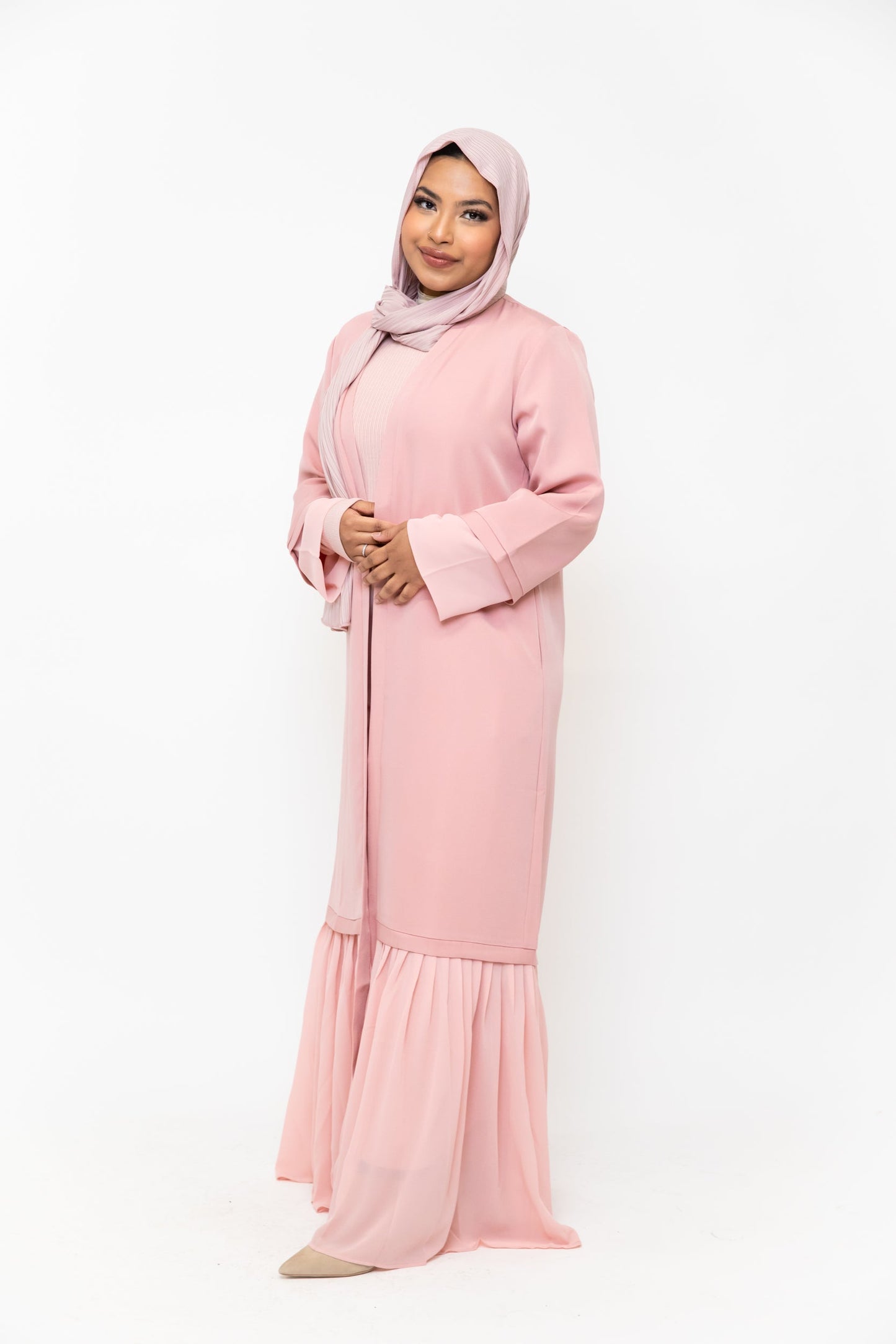 Pink Ruffle Open Front Abaya-CLEARANCE