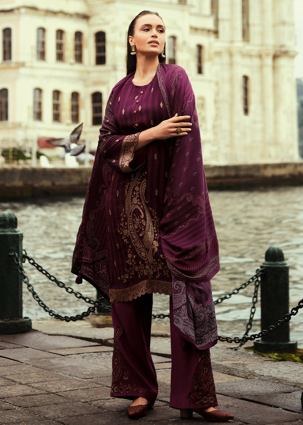 Mulberry Purple Digitally Printed Silk Salwar Suit with Embroidery Work