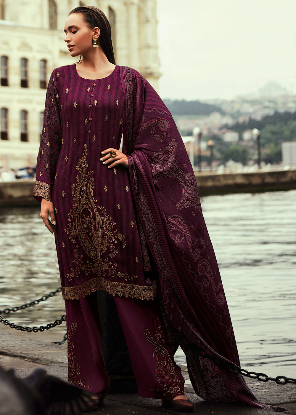 Mulberry Purple Digitally Printed Silk Salwar Suit with Embroidery Work