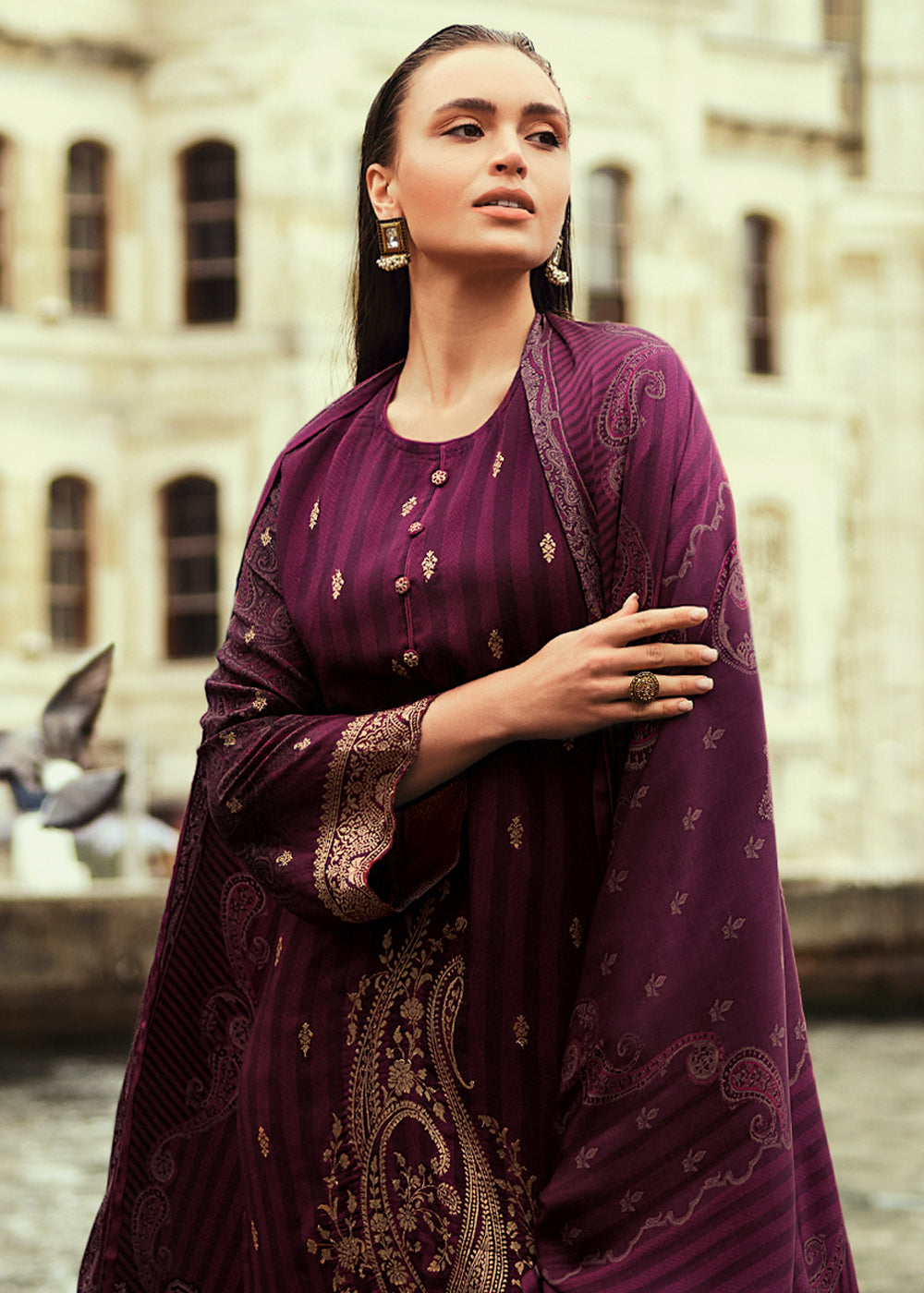 Mulberry Purple Digitally Printed Silk Salwar Suit with Embroidery Work