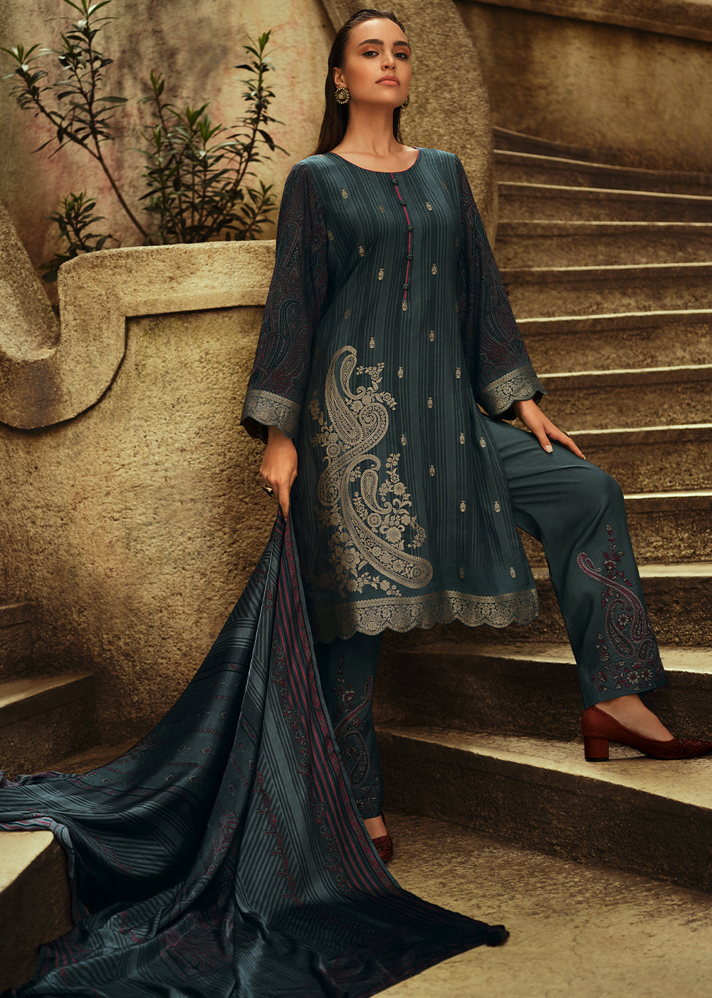 Dark Templeton Grey Digitally Printed Silk Salwar Suit with Embroidery Work