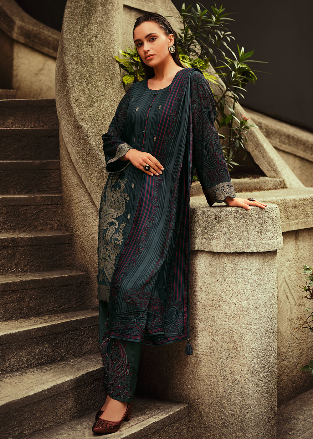 Dark Templeton Grey Digitally Printed Silk Salwar Suit with Embroidery Work