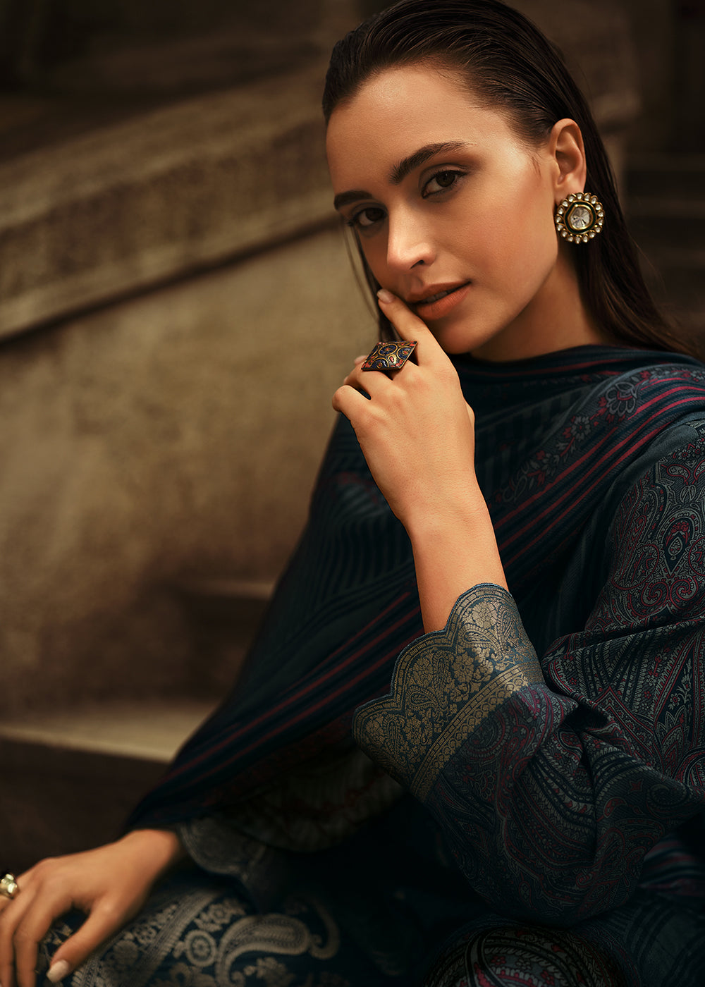 Dark Templeton Grey Digitally Printed Silk Salwar Suit with Embroidery Work