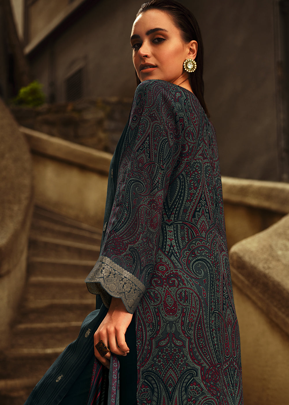 Dark Templeton Grey Digitally Printed Silk Salwar Suit with Embroidery Work