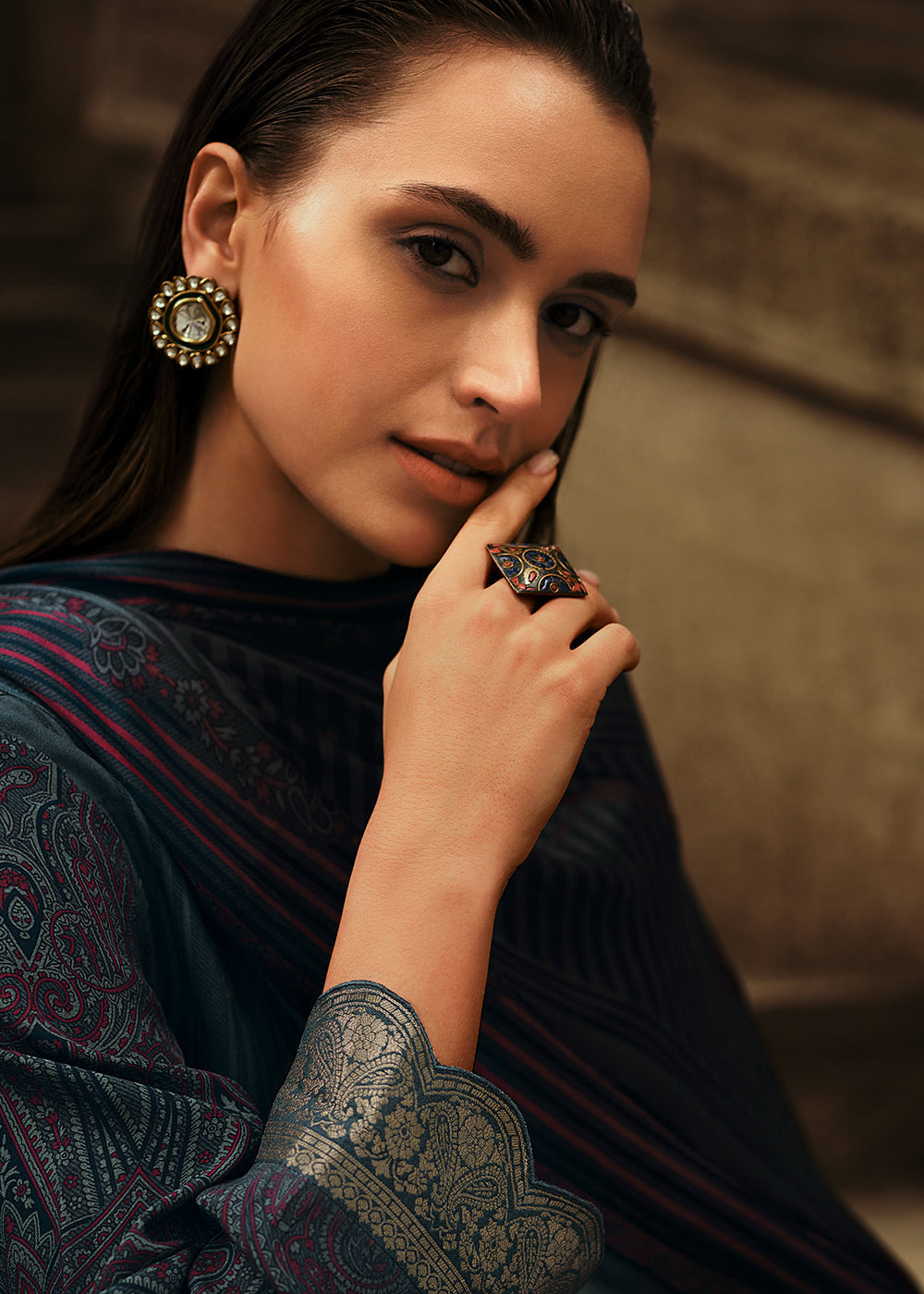 Dark Templeton Grey Digitally Printed Silk Salwar Suit with Embroidery Work