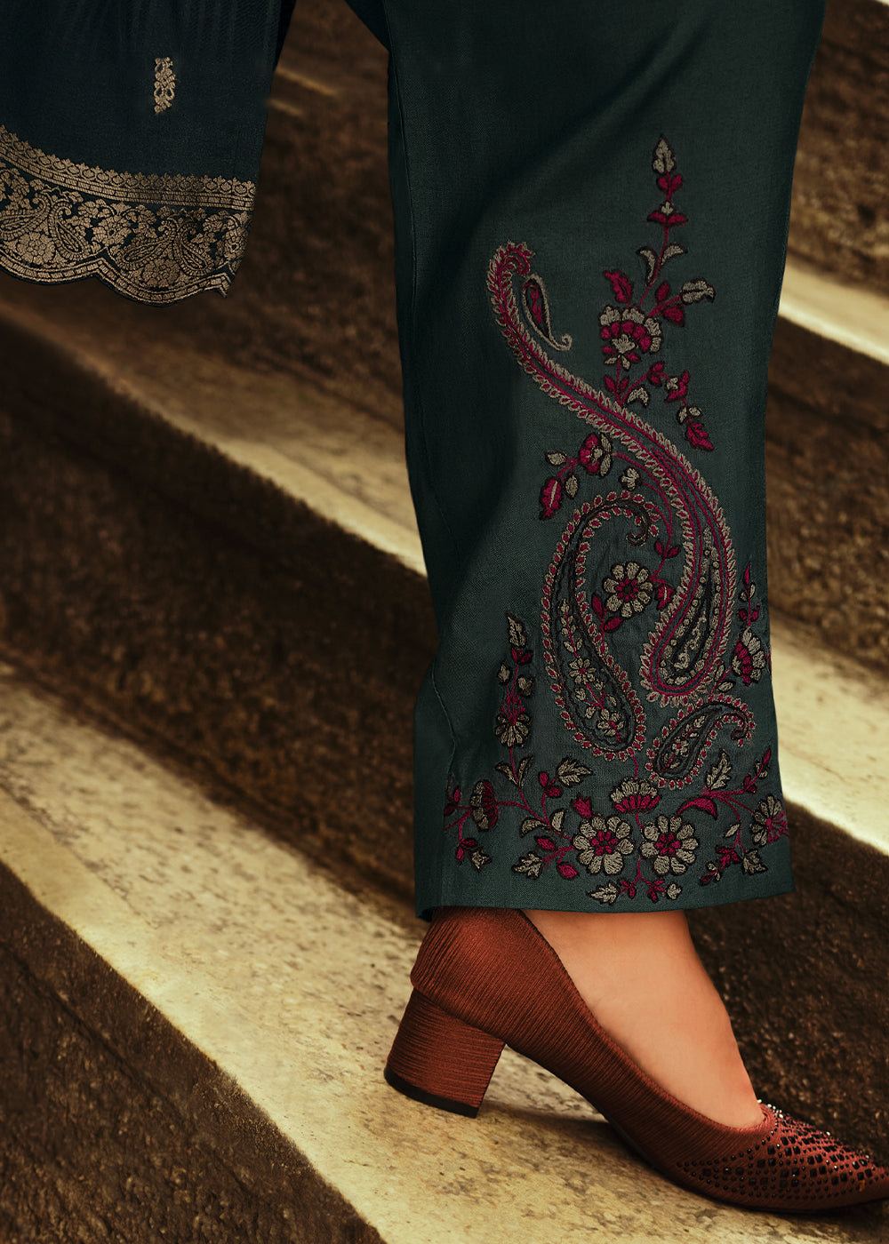 Dark Templeton Grey Digitally Printed Silk Salwar Suit with Embroidery Work