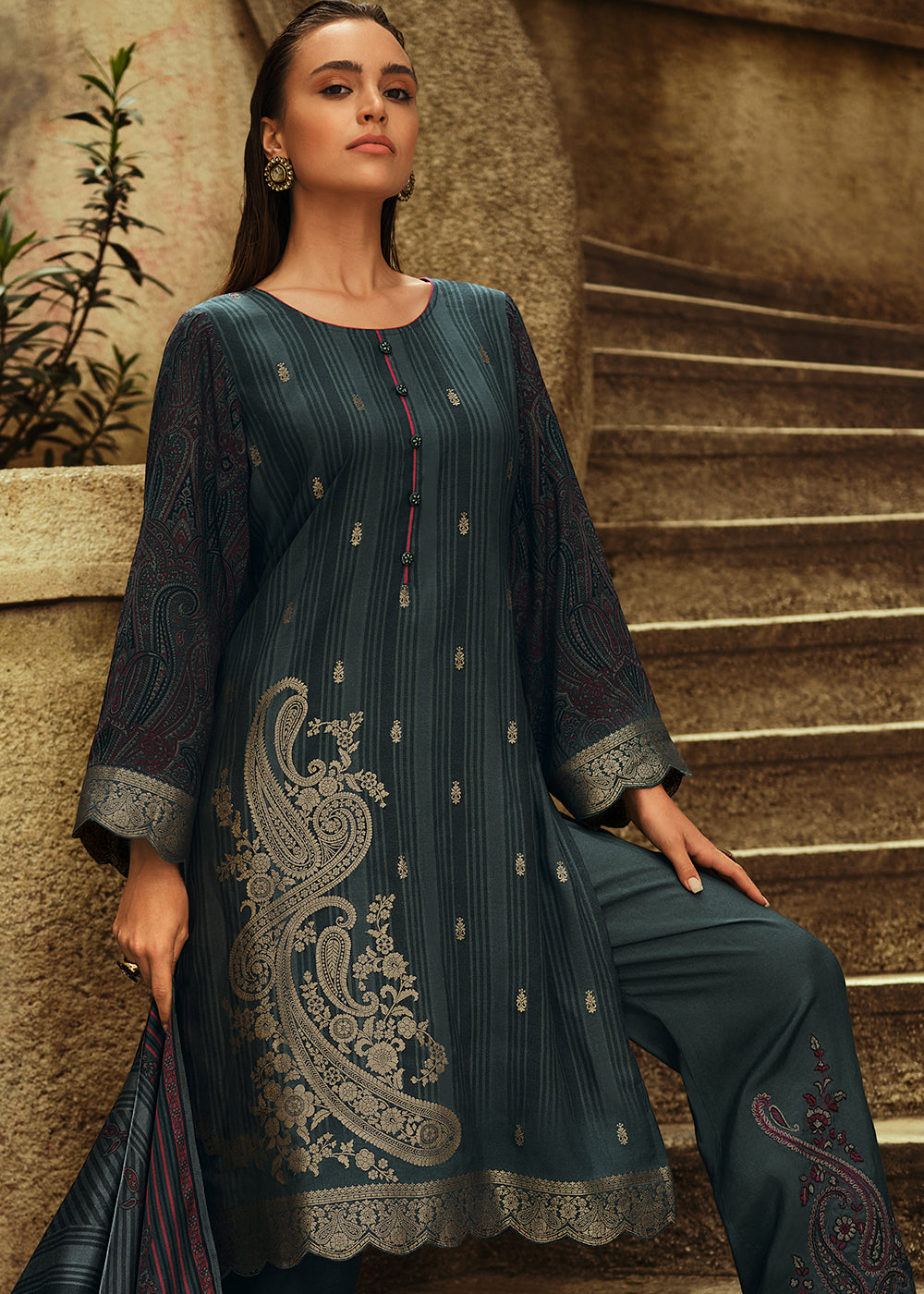Dark Templeton Grey Digitally Printed Silk Salwar Suit with Embroidery Work
