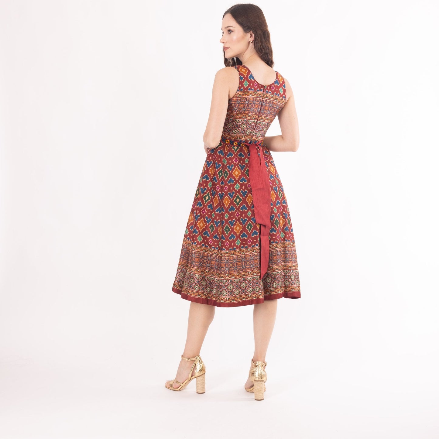 Maroon Midi Dress with Embroidered Belt