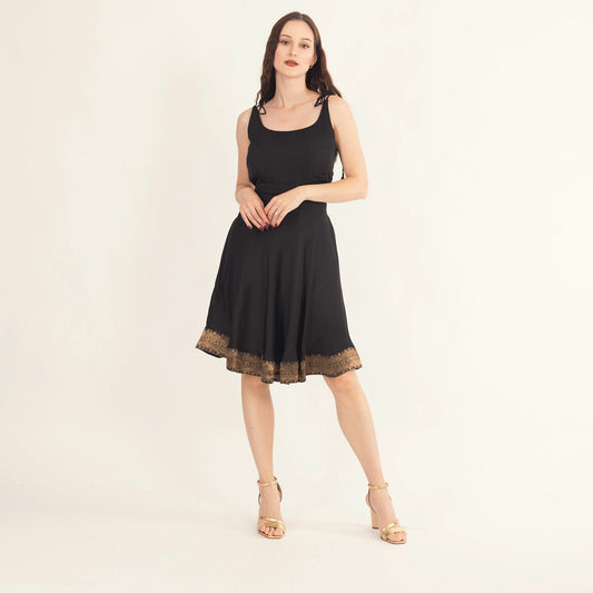 Zila Black Mini Dress with Banarasi Silk Hem