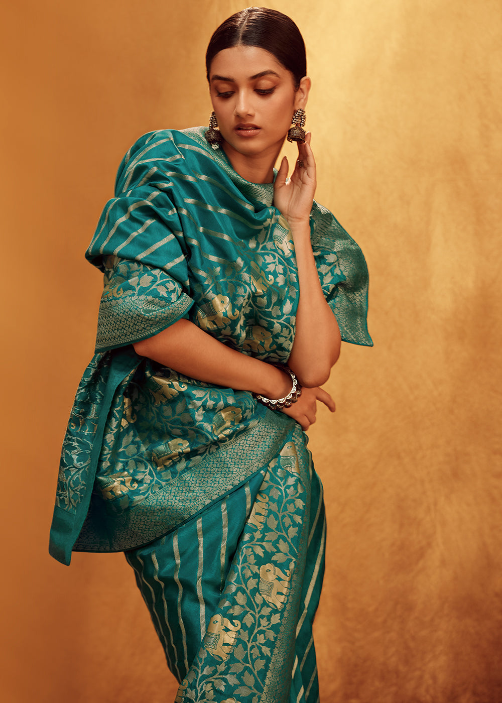 Teal Blue Woven Viscose Silk Saree