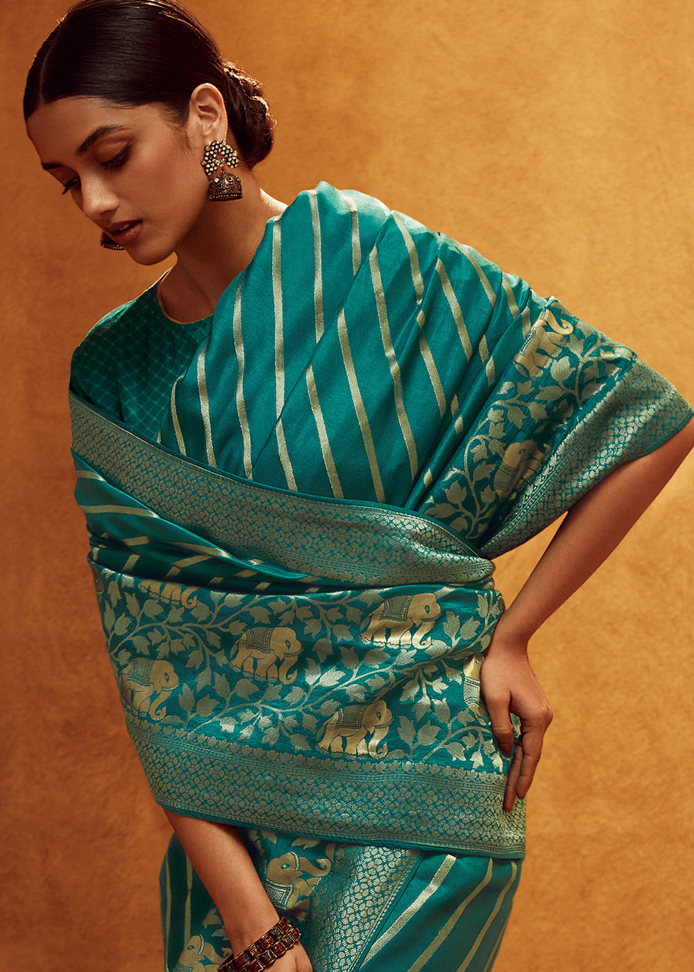 Teal Blue Woven Viscose Silk Saree