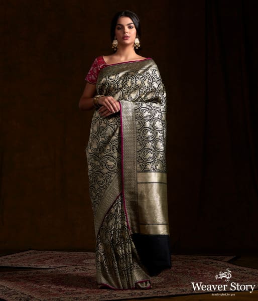 Handwoven kimkhab shikargah in black