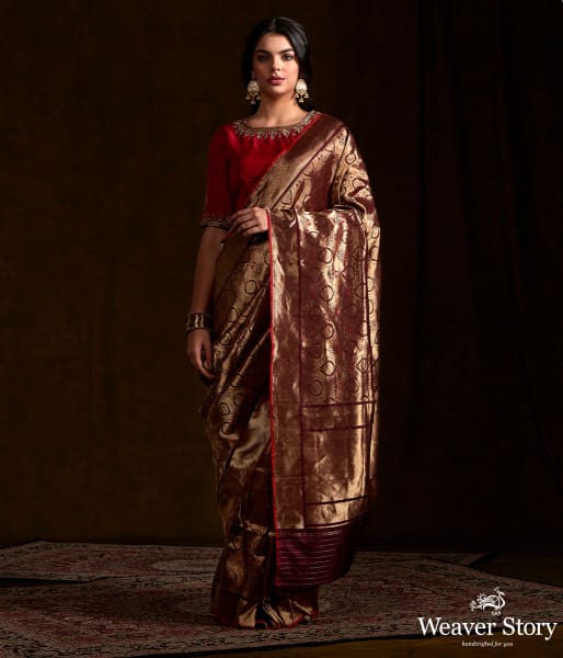Chocolate brown kimkhab saree woven with bronze zari and mynah motifs