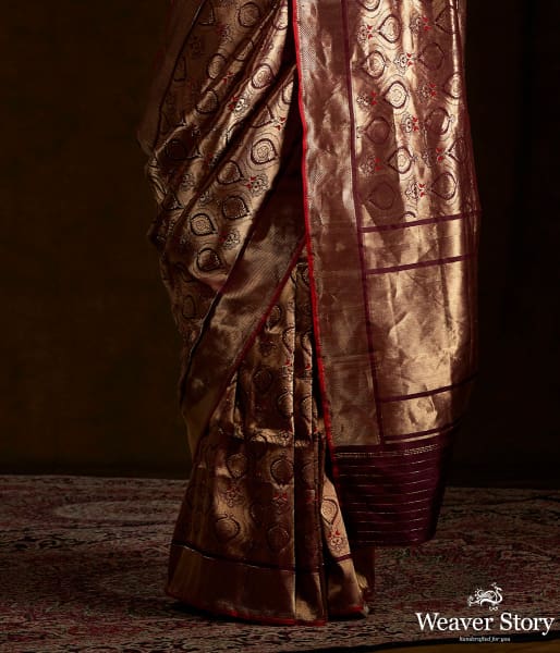 Chocolate brown kimkhab saree woven with bronze zari and mynah motifs
