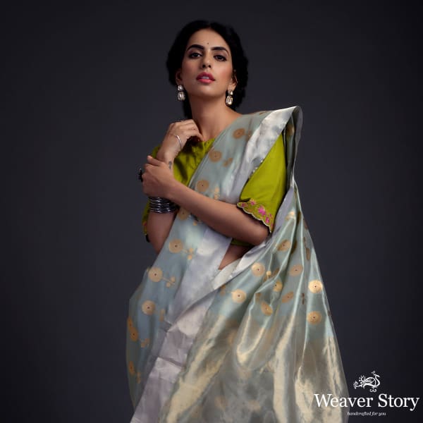Powder blue Chanderi silk saree with floral motifs