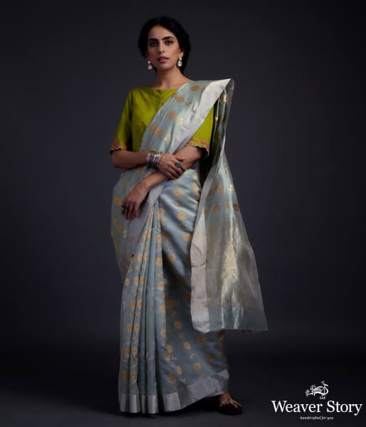 Powder blue Chanderi silk saree with floral motifs