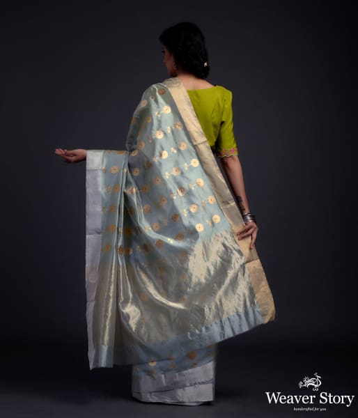 Powder blue Chanderi silk saree with floral motifs