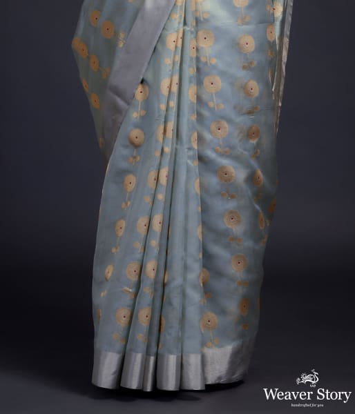 Powder blue Chanderi silk saree with floral motifs